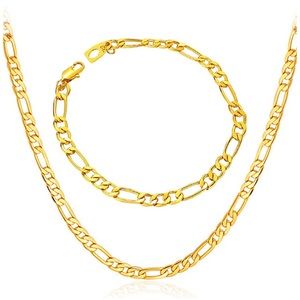 18k Yellow Gold Figaro Chain Necklace+Bracelet 5mm